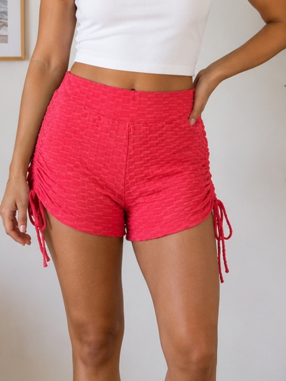 Rue21 Textured Ruched Side Drawstring Shorts Neon Coral Pink Size Small